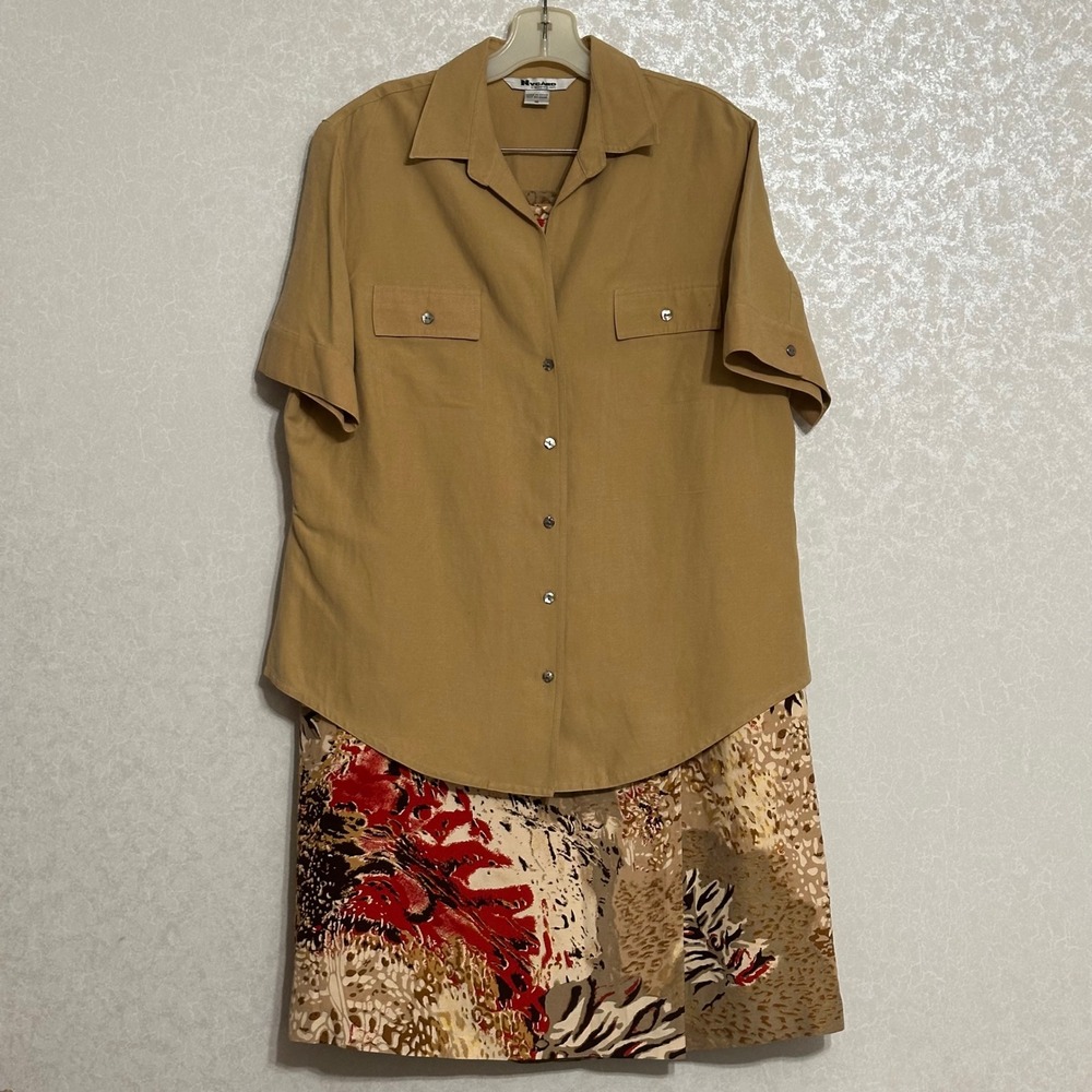 Nygard Collection Neutral Shirt & Abstract Print Wrap Skirt Set Silk & Linen 16